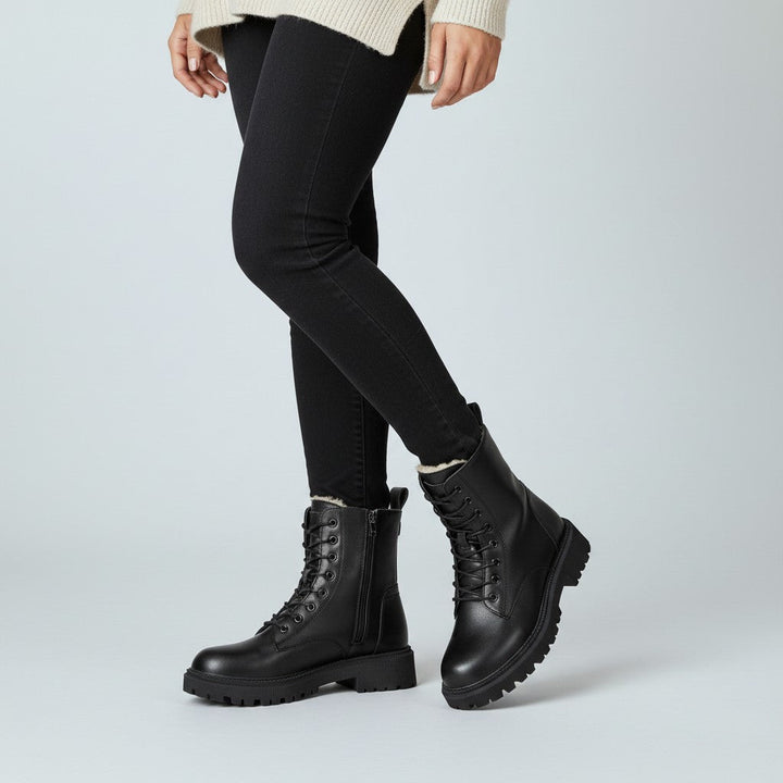 Women's Fur-Lined Lace-Up Combat Boots with Chunky Sole