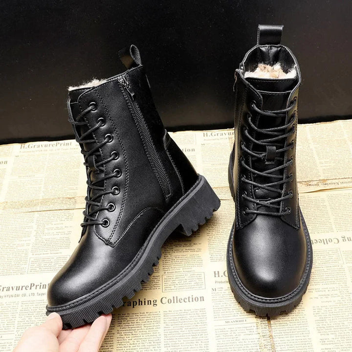 Women's Fur-Lined Lace-Up Combat Boots with Chunky Sole