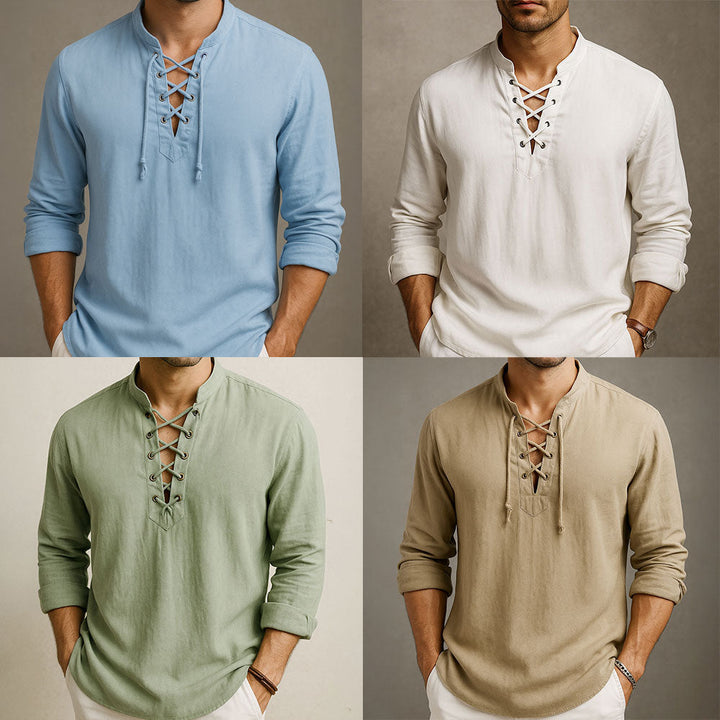 Men's Cotton Lace-Up Shirt with Band Collar