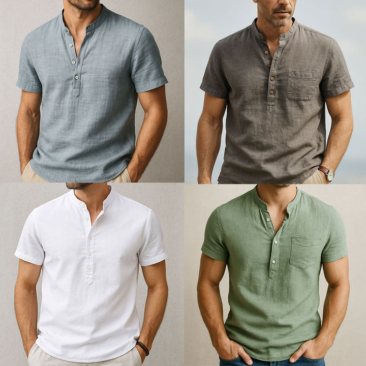 Men's Linen Henley Shirt with Short Sleeves