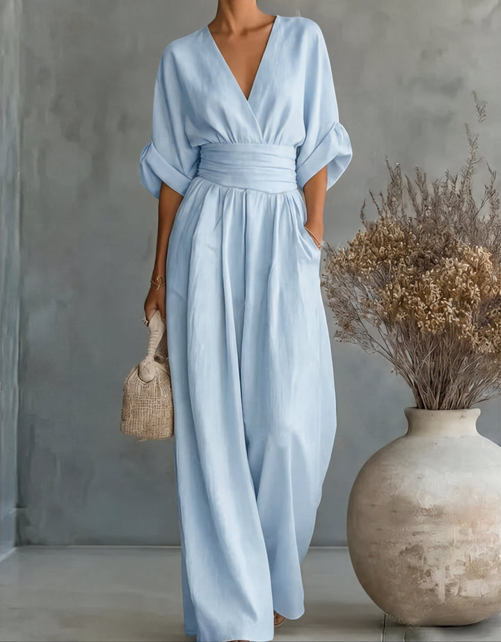 Women's Linen V-Neck Wide-Leg Jumpsuit