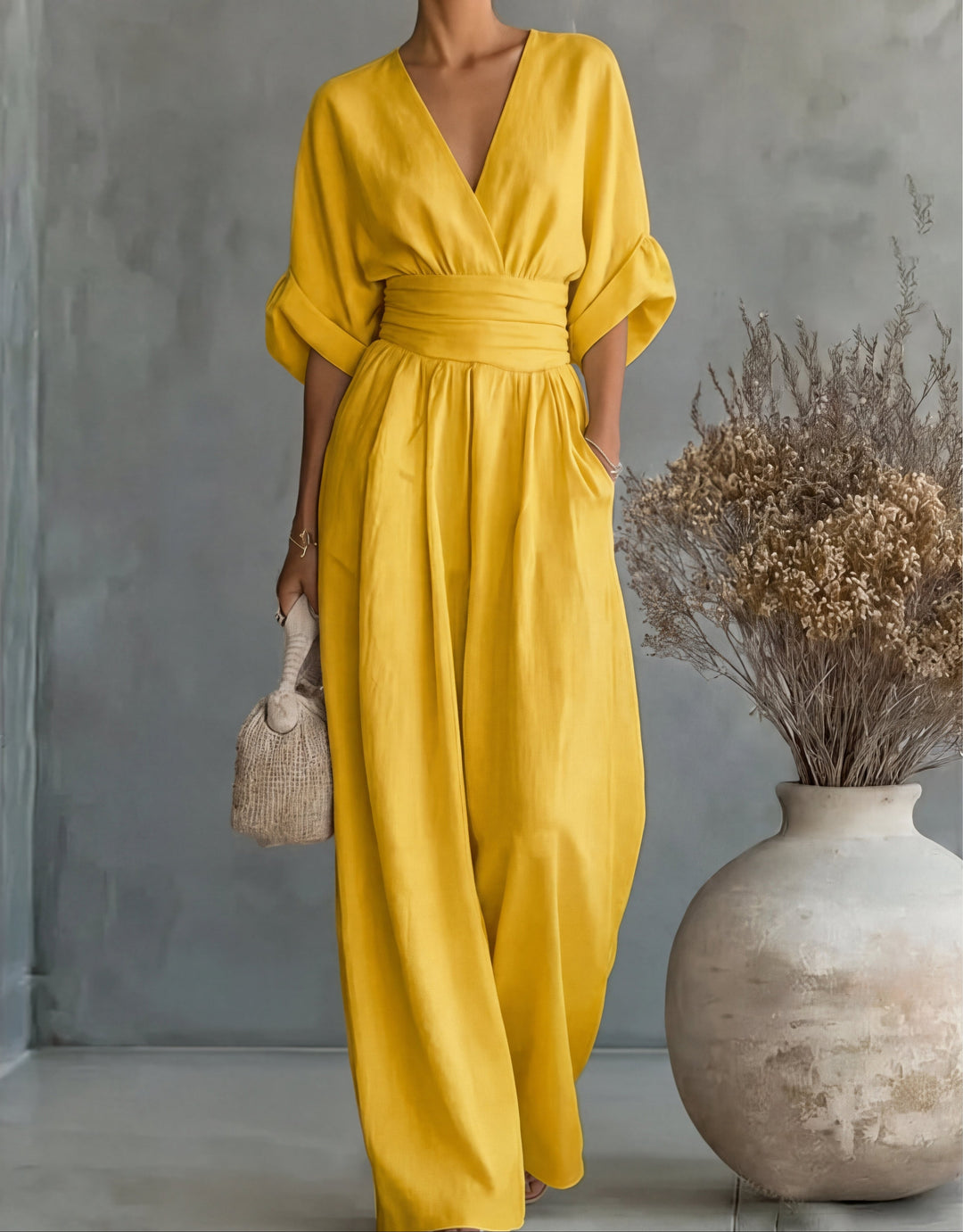 Women's Linen V-Neck Wide-Leg Jumpsuit