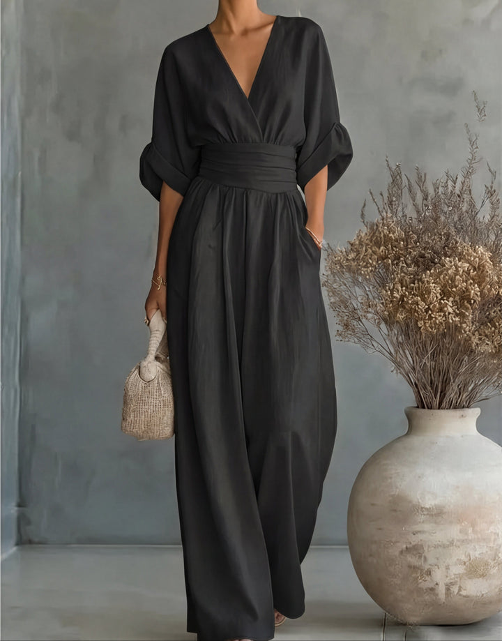 Women's Linen V-Neck Wide-Leg Jumpsuit