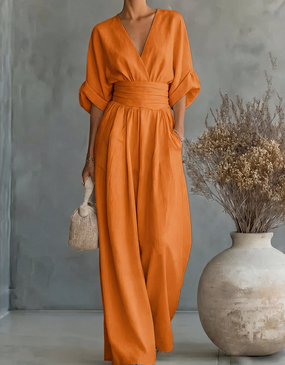Women's Linen V-Neck Wide-Leg Jumpsuit