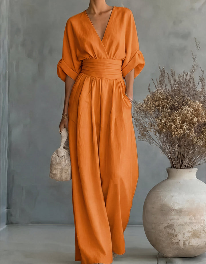 Women's Linen V-Neck Wide-Leg Jumpsuit