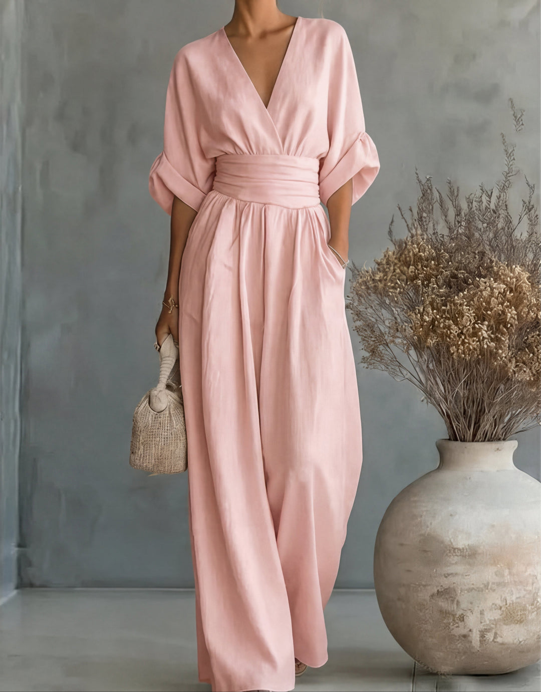 Women's Linen V-Neck Wide-Leg Jumpsuit