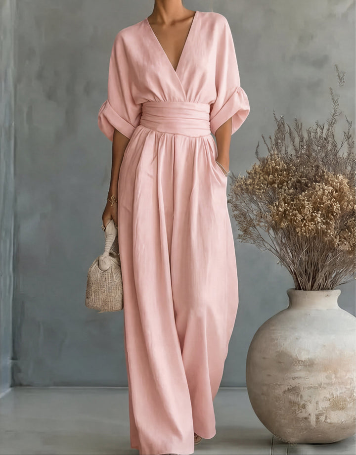 Women's Linen V-Neck Wide-Leg Jumpsuit