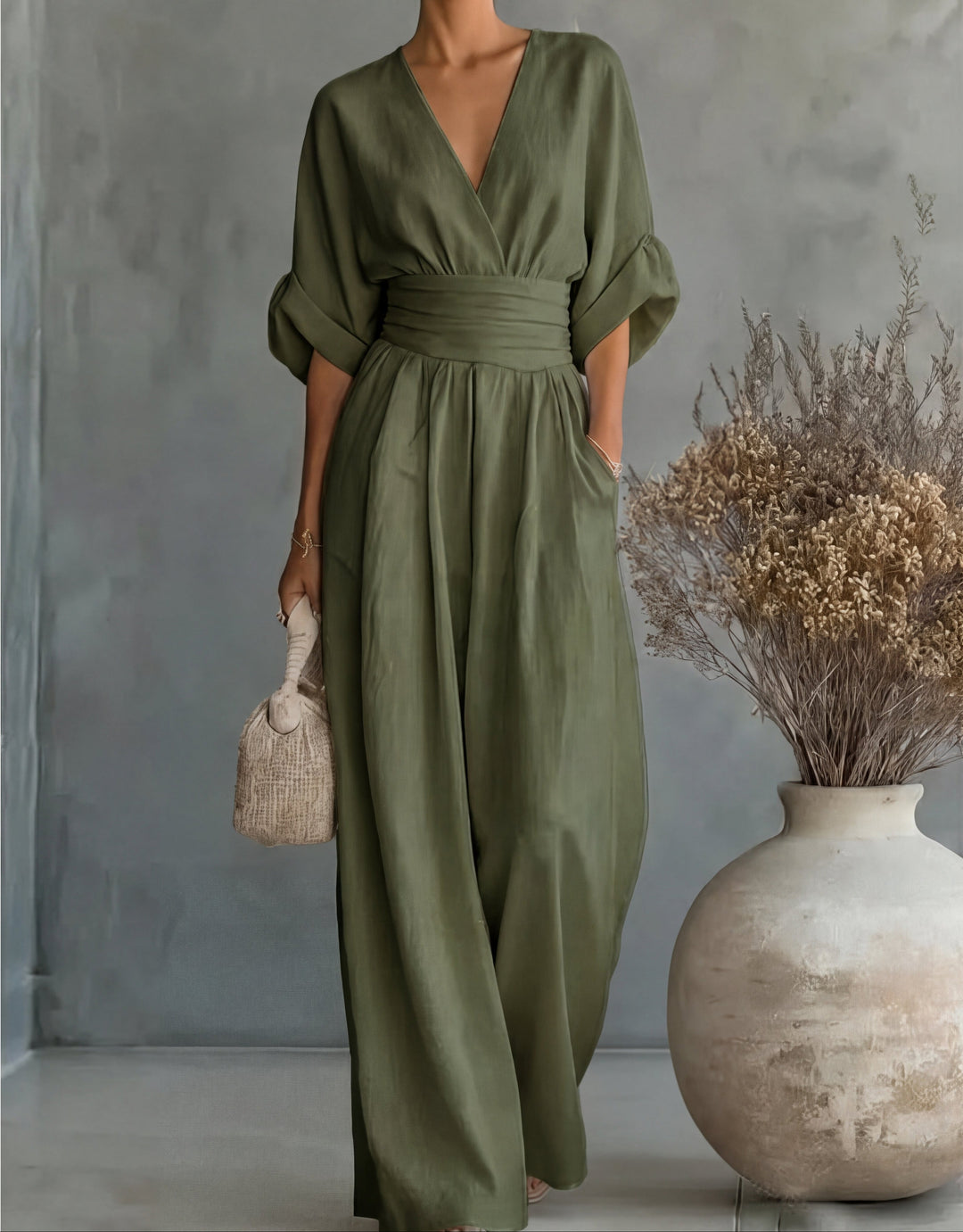 Women's Linen V-Neck Wide-Leg Jumpsuit