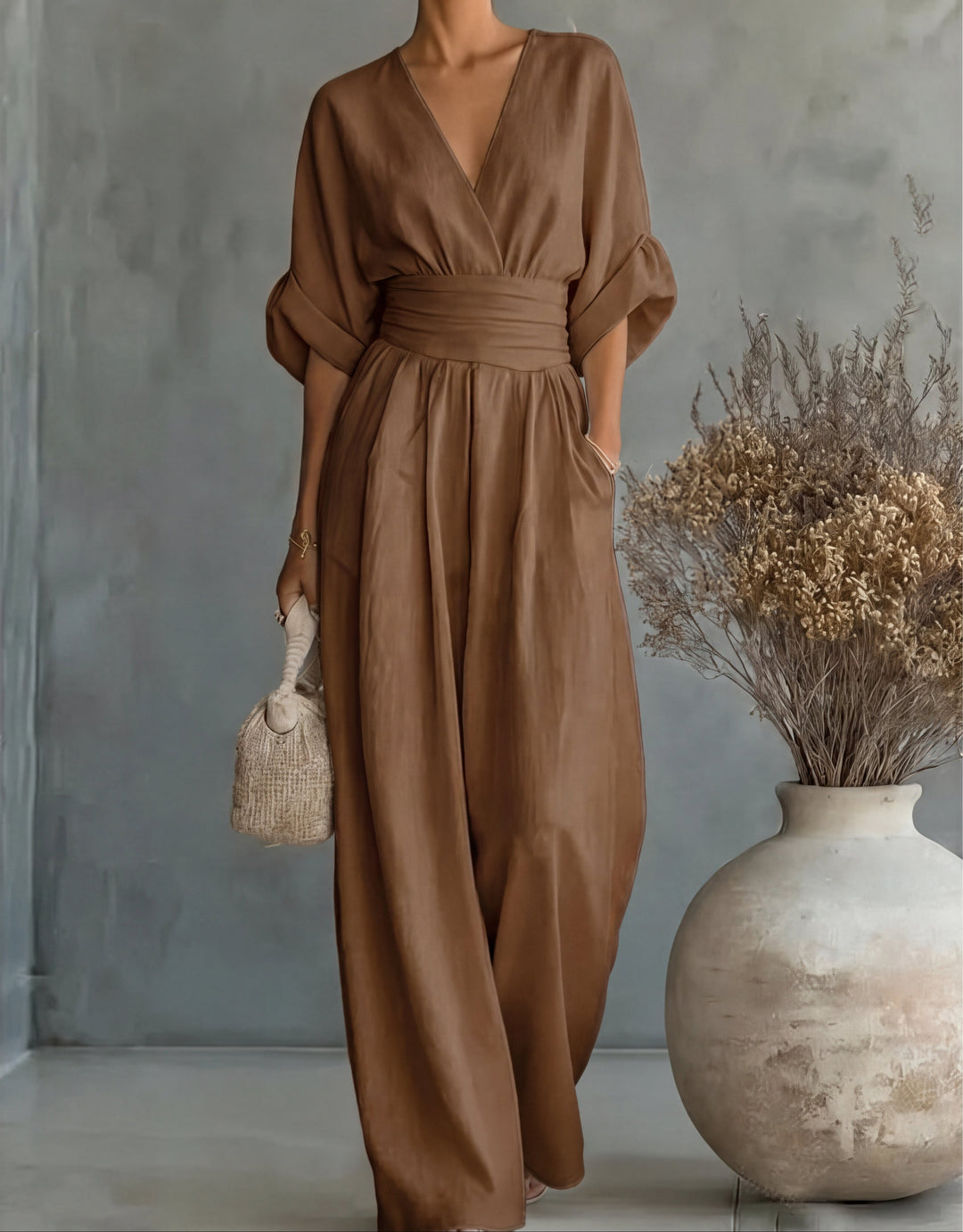 Women's Linen V-Neck Wide-Leg Jumpsuit