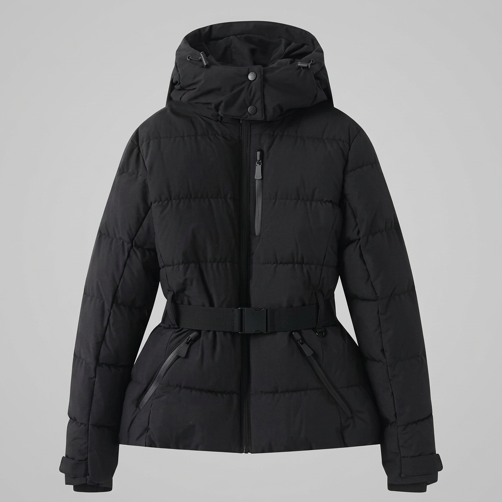 Women's Quilted Puffer Jacket with Belted Waist and Hood