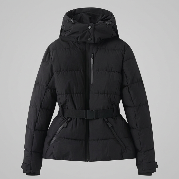 Women's Quilted Puffer Jacket with Belted Waist and Hood