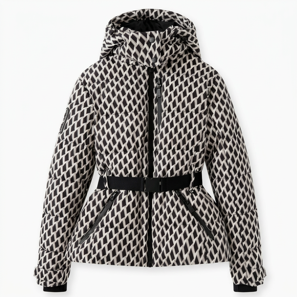 Women's Quilted Puffer Jacket with Belted Waist and Hood