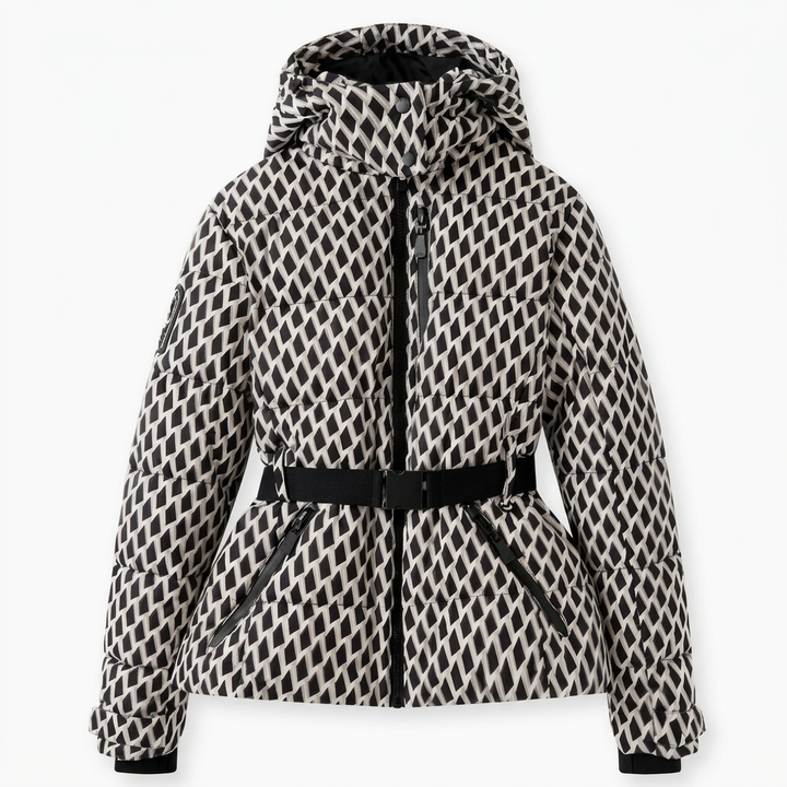 Women's Quilted Puffer Jacket with Belted Waist and Hood