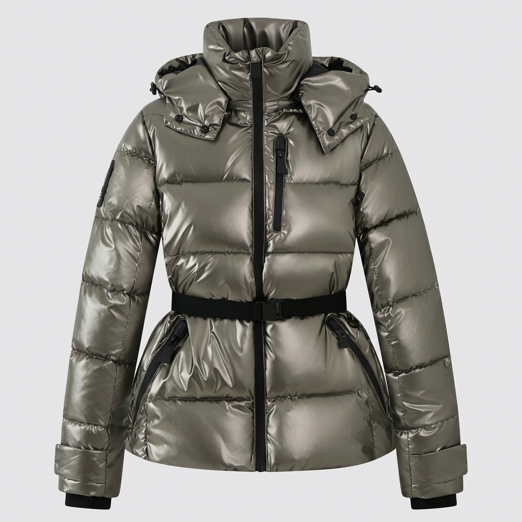 Women's Quilted Puffer Jacket with Belted Waist and Hood