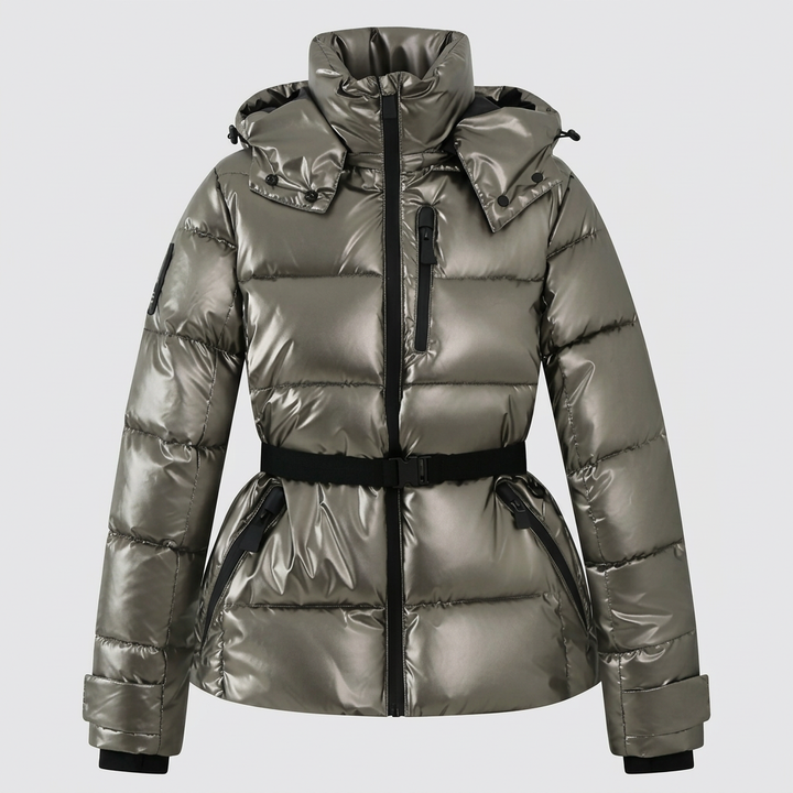 Women's Quilted Puffer Jacket with Belted Waist and Hood