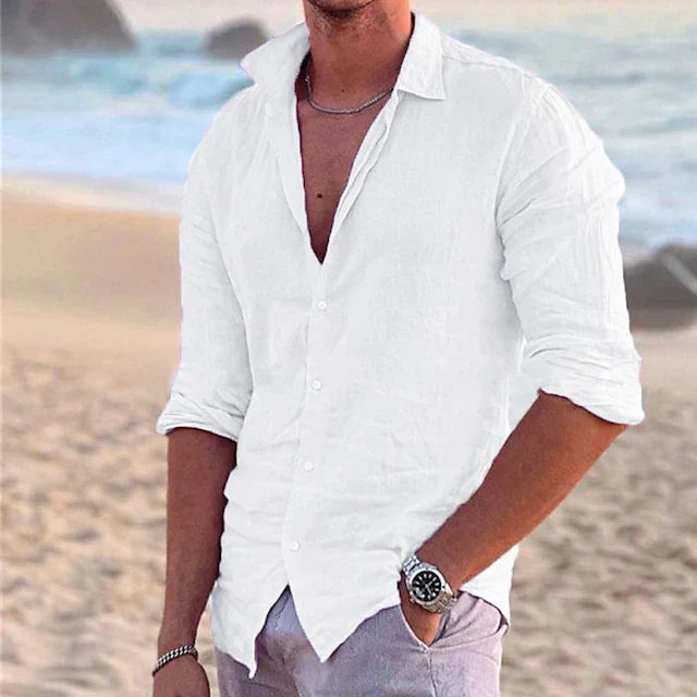Men's Linen Button-Up Shirt with Point Collar