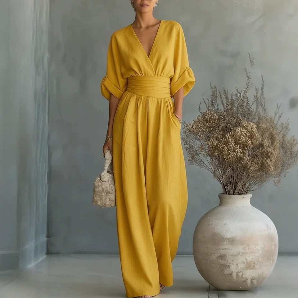 Women's Linen Wrap V-Neck Wide-Leg Jumpsuit