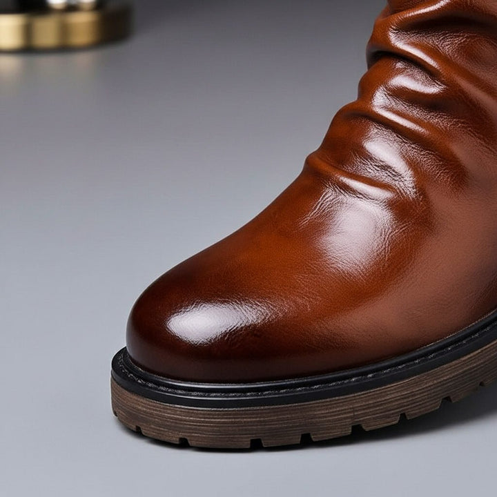Men's Waxed Ankle Boots with Side Zip and Ruched Front