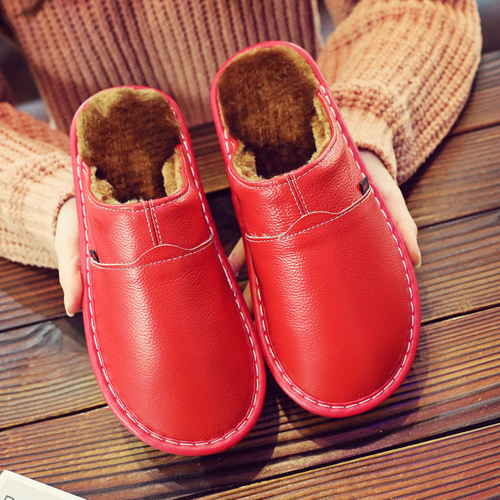 Women's Leather Fur-Lined Slippers with Waterproof Sole