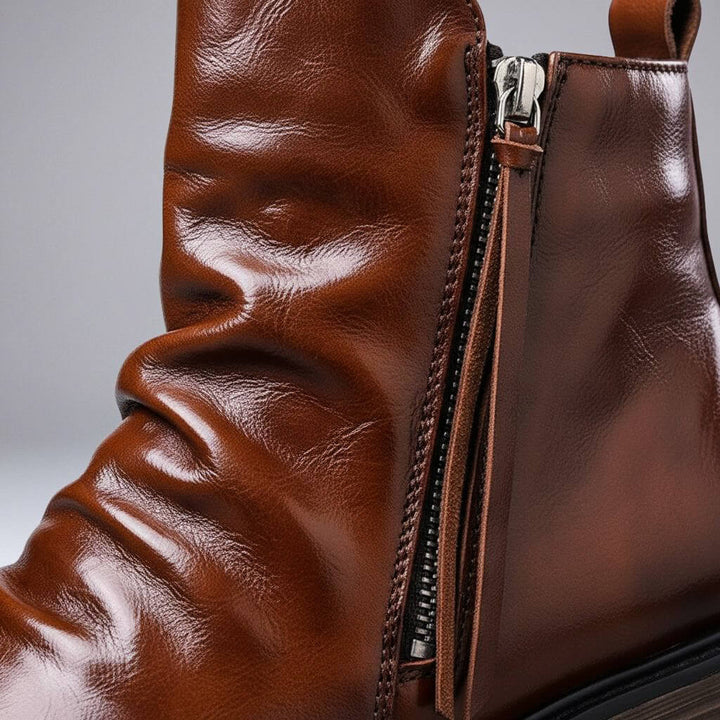 Men's Waxed Ankle Boots with Side Zip and Ruched Front