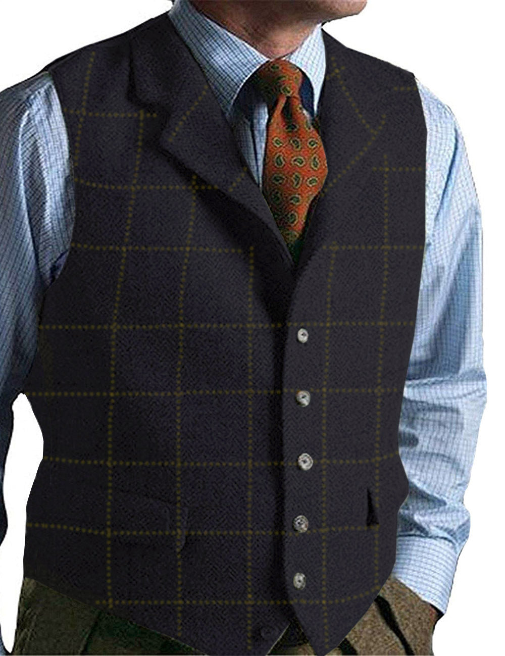 Men's Wool Blend Tweed Waistcoat with Herringbone Pattern