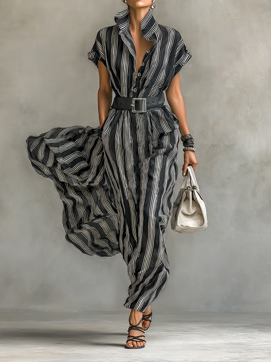 Women's Striped Belted Shirt Maxi Dress