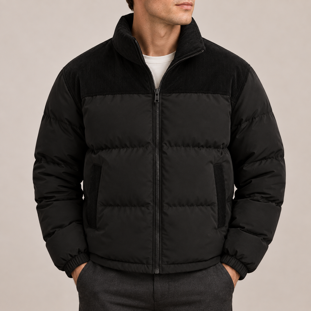 Men's Quilted Puffer Jacket with Corduroy Collar