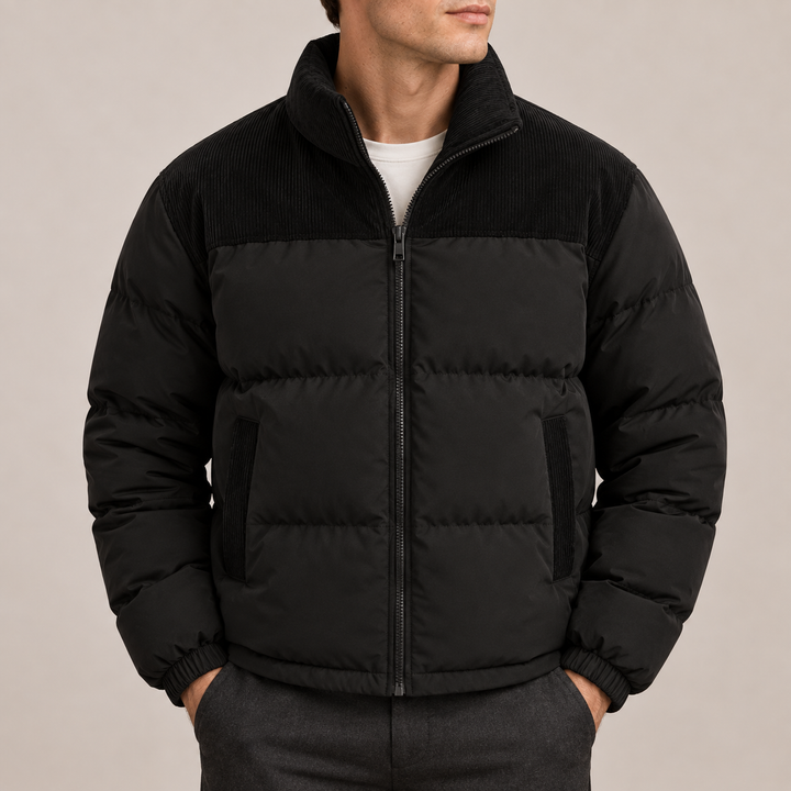 Men's Quilted Puffer Jacket with Corduroy Collar