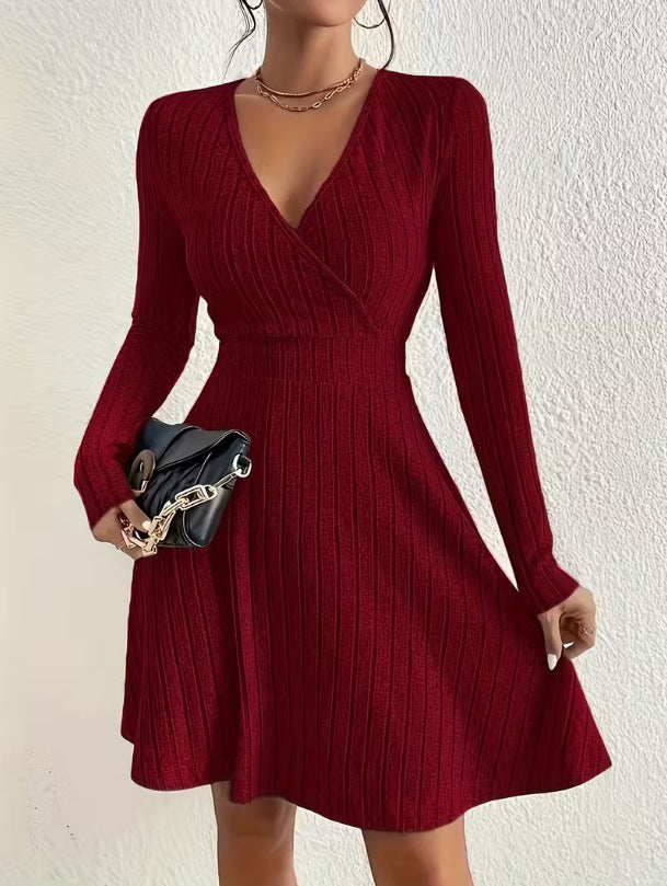Women's Ribbed Knit Wrap Dress with V-Neck
