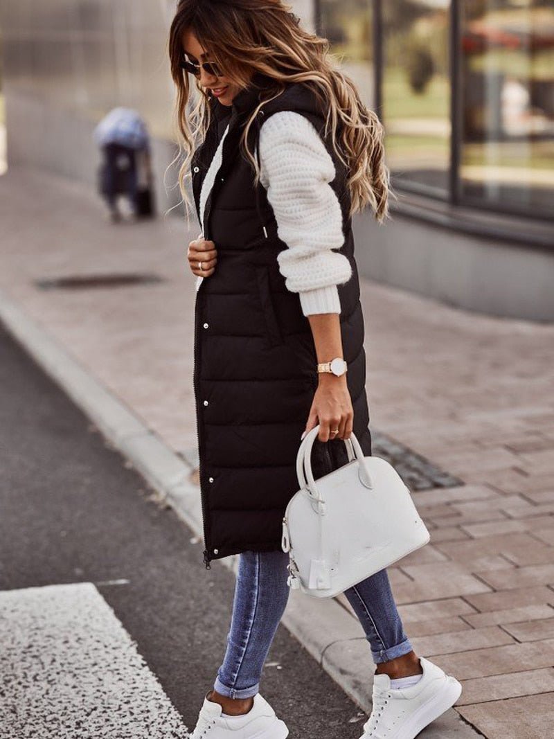 Women's Quilted Knee-Length Puffer Gilet in Longline Fit