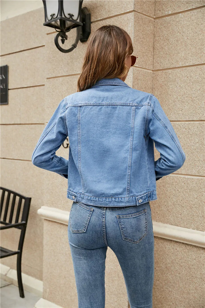 Women's Light-Wash Denim Jacket with Chest Pockets