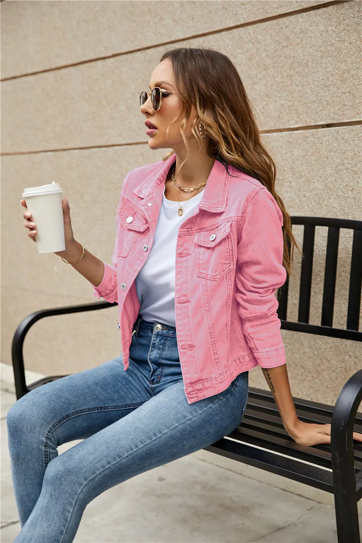 Women's Light-Wash Denim Jacket with Chest Pockets