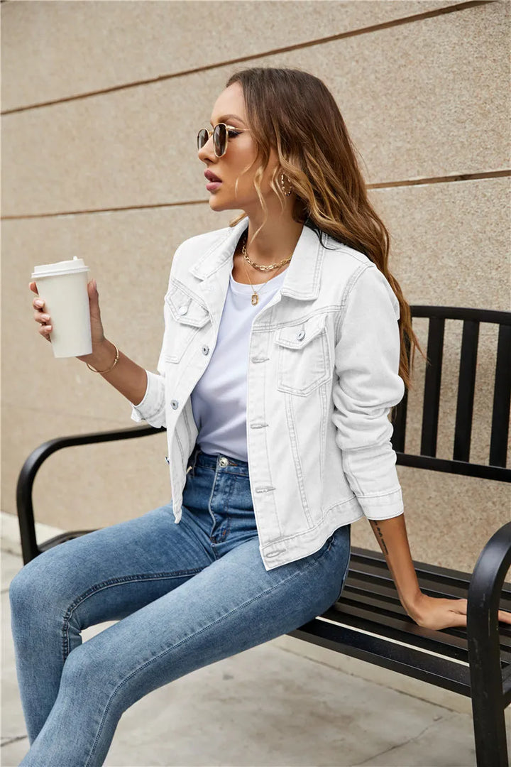 Women's Light-Wash Denim Jacket with Chest Pockets