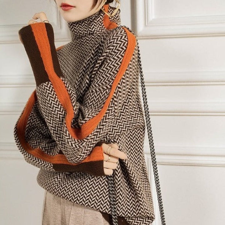 Women's Houndstooth Turtleneck Jumper with Contrast Cuffs