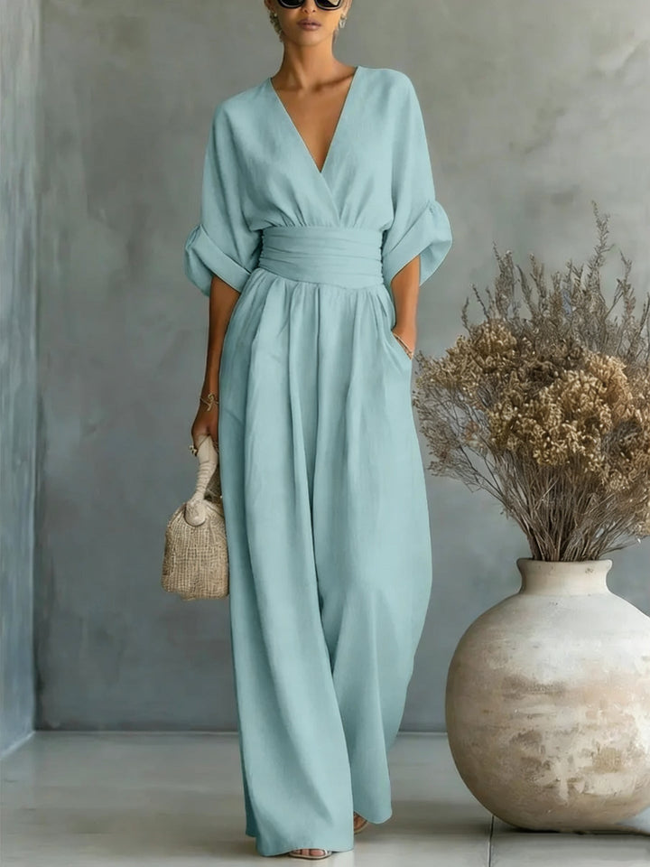 Women's Linen Wrap V-Neck Wide-Leg Jumpsuit