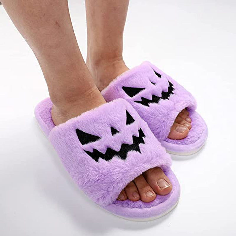 Women's Plush Pumpkin Halloween Slippers with Fluffy Straps