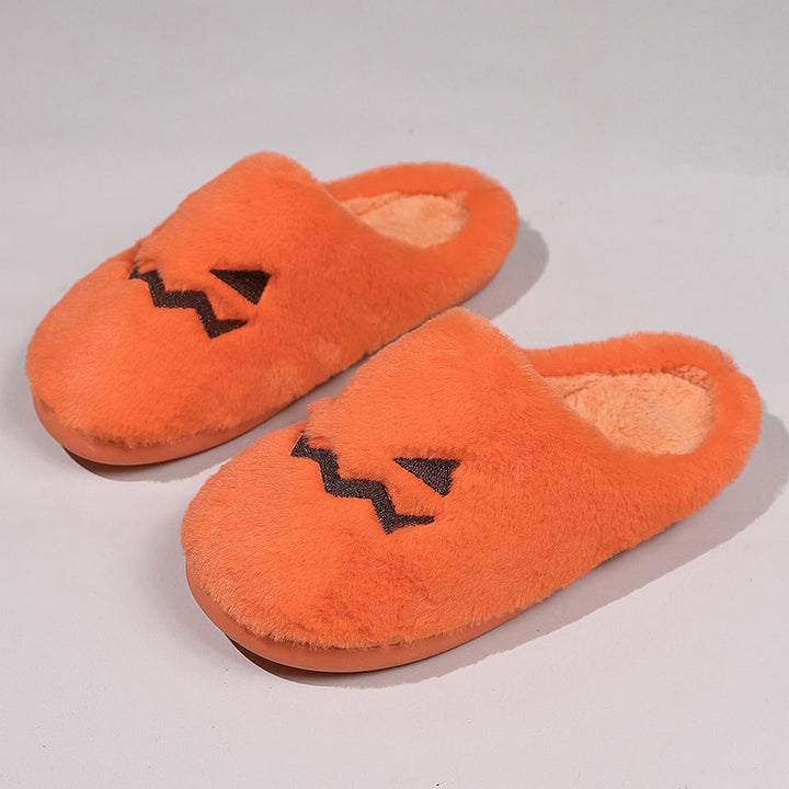 Women's Plush Pumpkin Halloween Slippers with Face Cutout