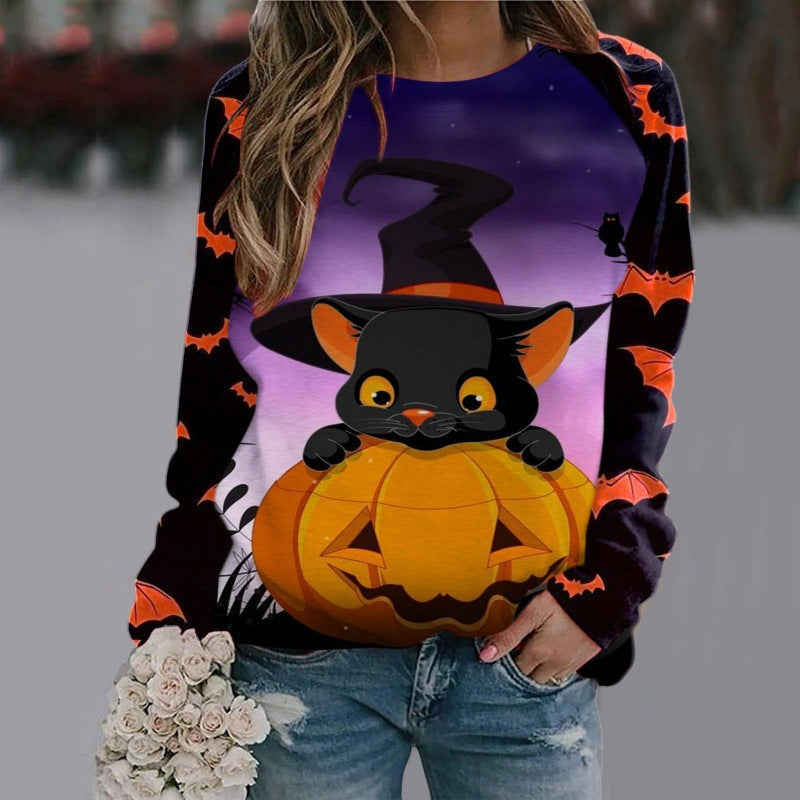Women's Halloween Witch Print Jumper with Bat Sleeves