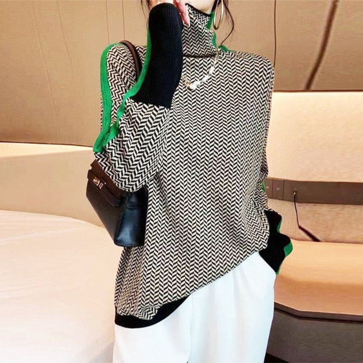 Women's Houndstooth Turtleneck Jumper with Contrast Cuffs
