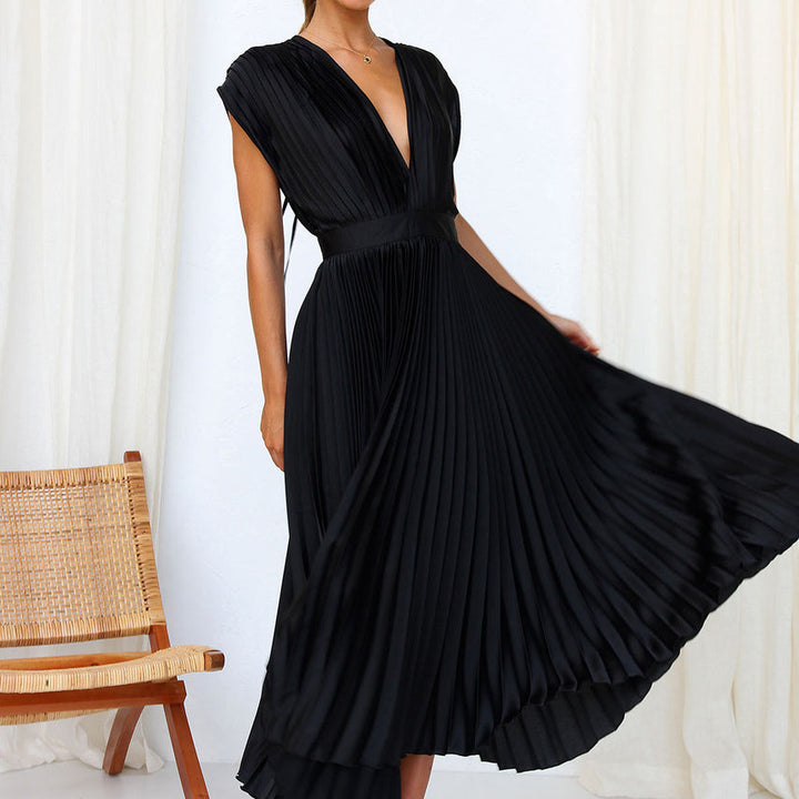 Helena | Pleated V Neck Evening Midi Dress