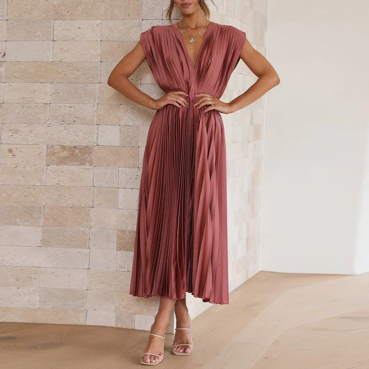 Helena | Pleated V Neck Evening Midi Dress