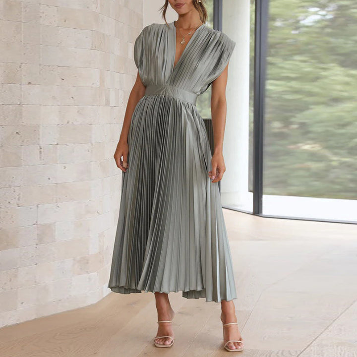 Helena | Pleated V Neck Evening Midi Dress