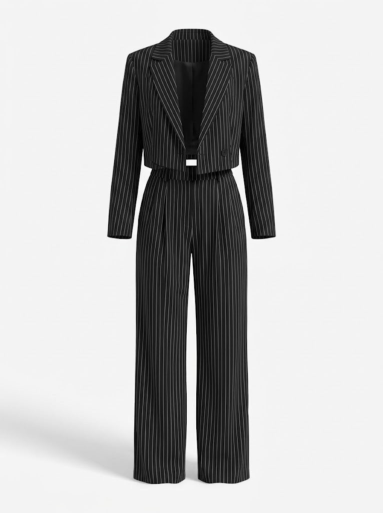 Women's Pinstripe Cropped Blazer Wide-Leg Trouser Co-Ord Set