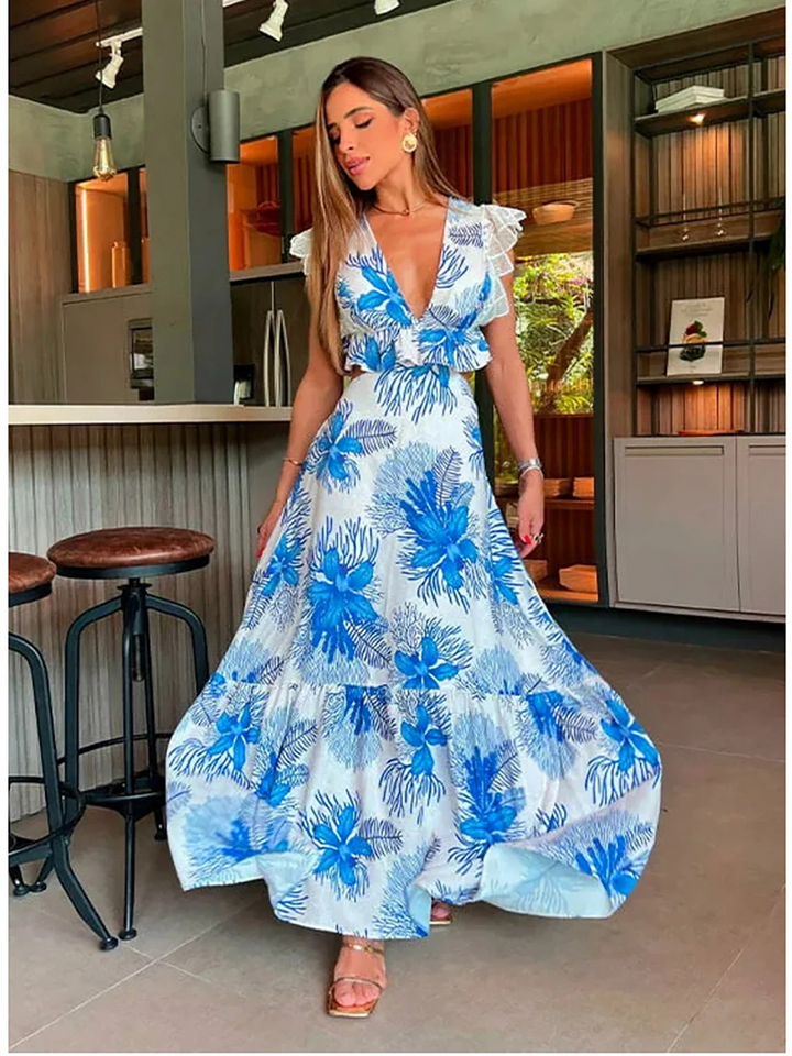 Isabella | Floral V Neck Ruffle Sleeve Maxi Dress