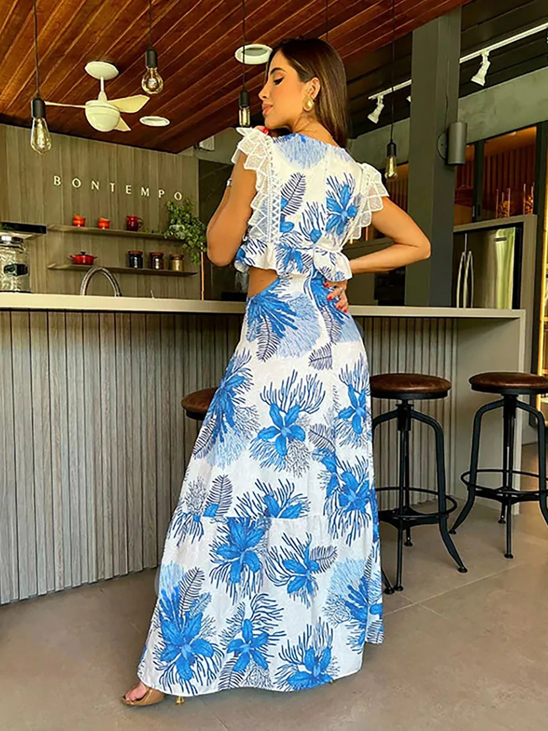 Isabella | Floral V Neck Ruffle Sleeve Maxi Dress