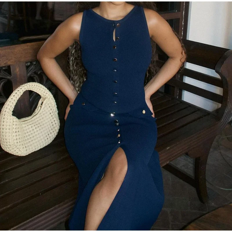 Elara | Button Front Sleeveless Knit Maxi Dress