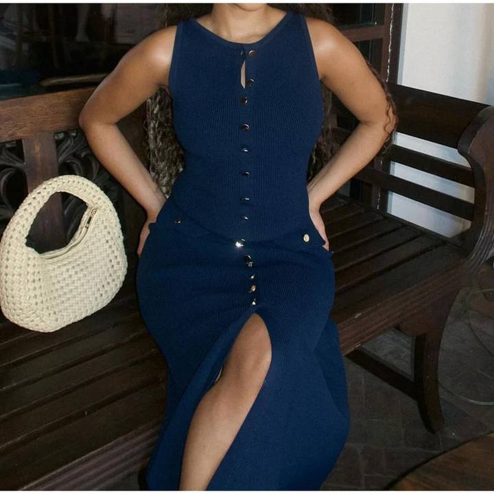 Elara | Button Front Sleeveless Knit Maxi Dress