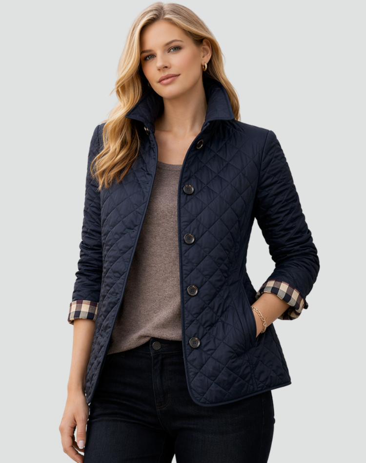 Women's Quilted Button Front Jacket with Structured Collar