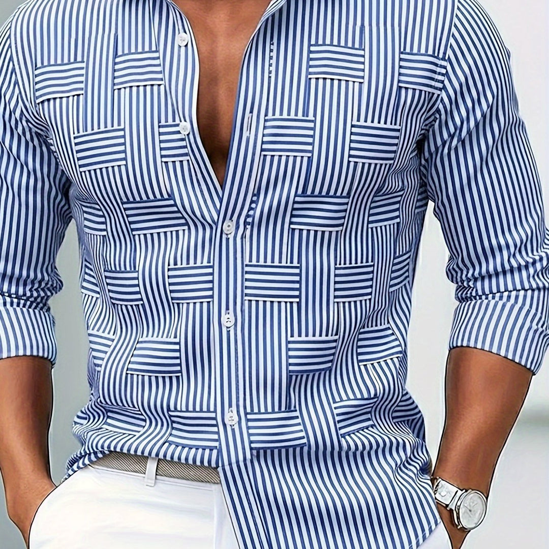 Men's Striped Button-Up Shirt in Geometric Print