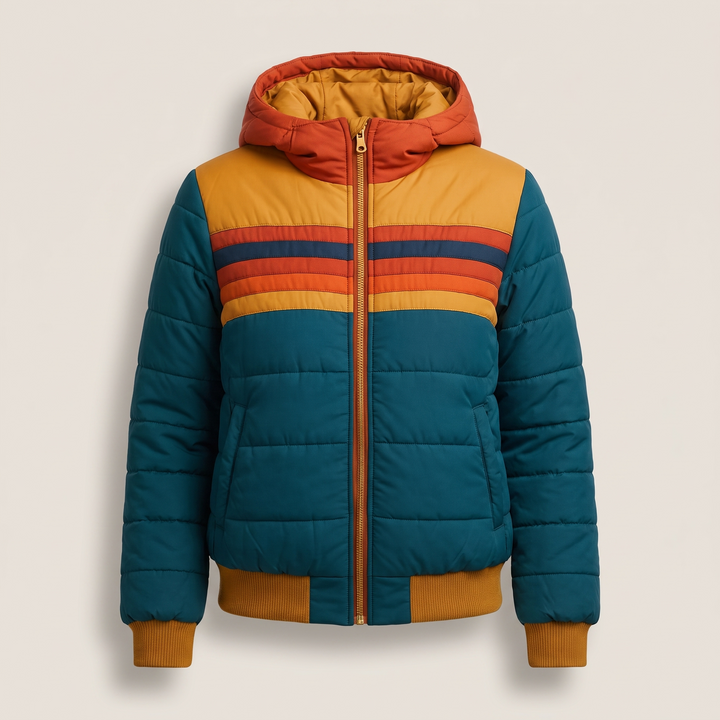 Women's Padded Puffer Jacket with Striped Colour Block